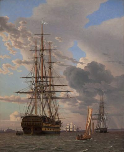 Das russische Linienschiff Asow und eine Fregatte vor Anker in den Gewässern von Elsinore von Christoffer Wilhelm Eckersberg